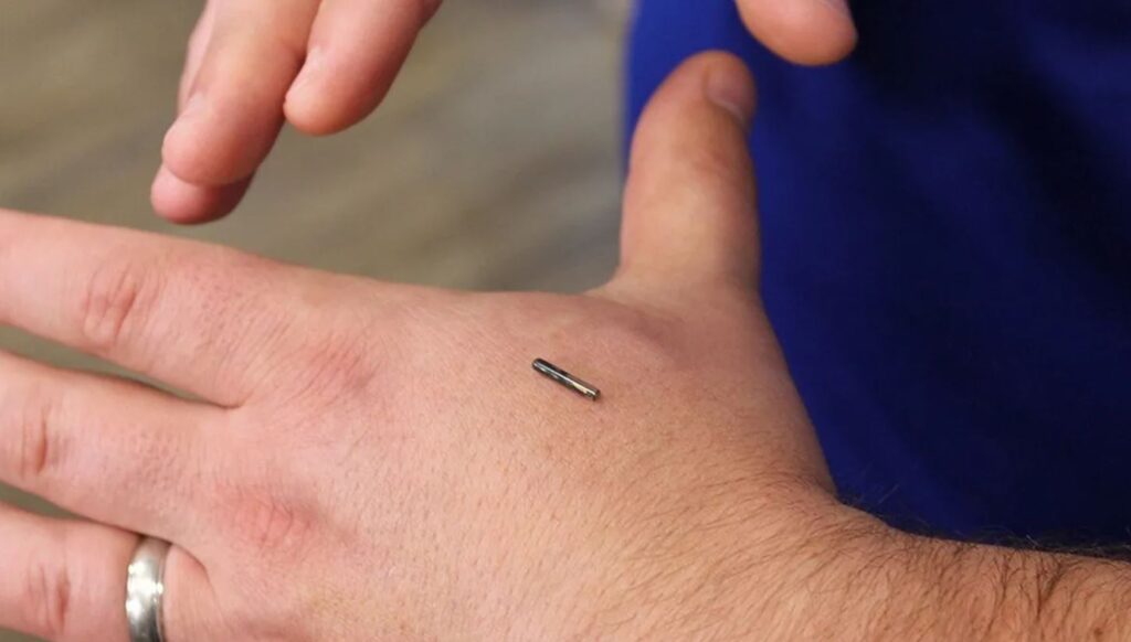 Biochip diminuto encima de la mano de una persona