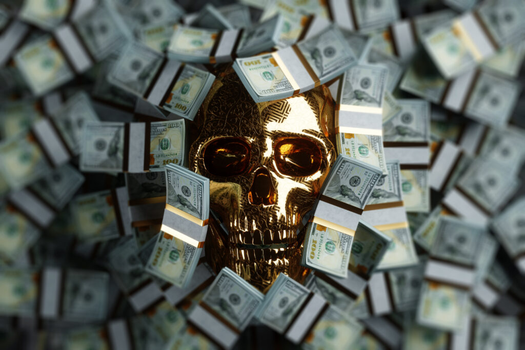 Skull and Dollars, golden human skull drowning in money, covered in a pile of bills. Copy Space, 3D rendering, 3D illustration